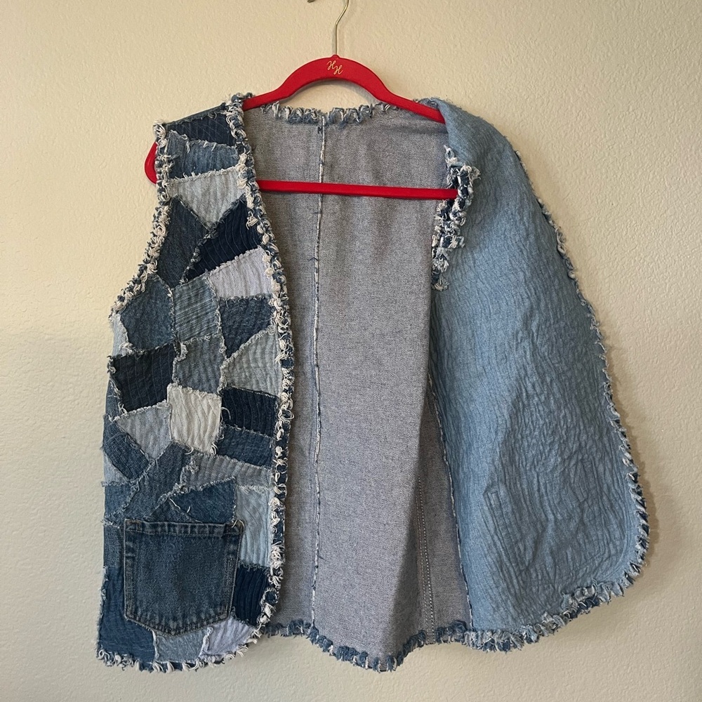 Handmade Denim Patchwork Frayed Vest Women's Size M - Picture 2 of 12